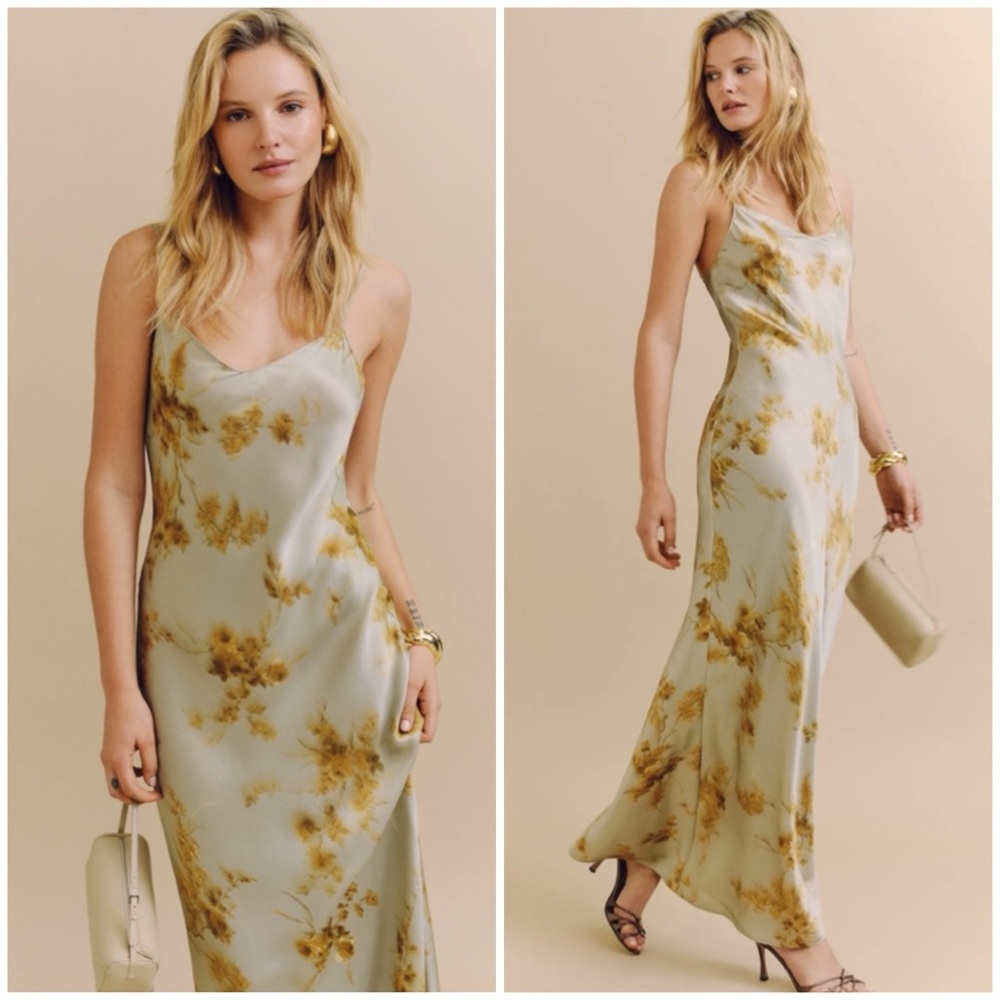 Reformation Sage Green and Mustard Floral Slip Maxi Dress